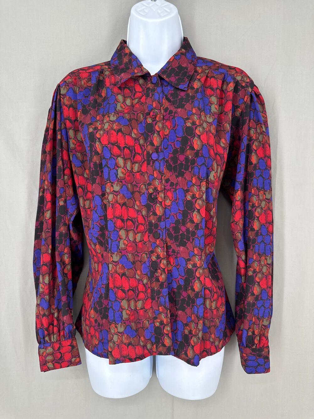 70s Vintage Top Womens Medium Red Button Retro Colorful Long Sleeve Boho